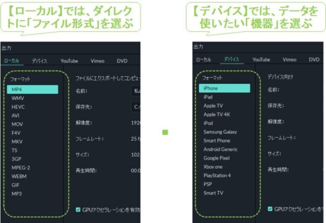 filmora_出力_操作方法_デバイスとローカルの違い