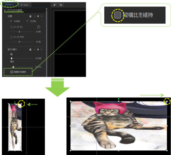 パワーディレクター_操作方法_クリップ変形_自由変形_縦横比の解除