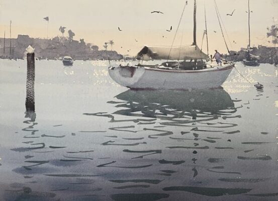 Endre penovác_海べにたゆたう白いボートとカモメの水彩画
