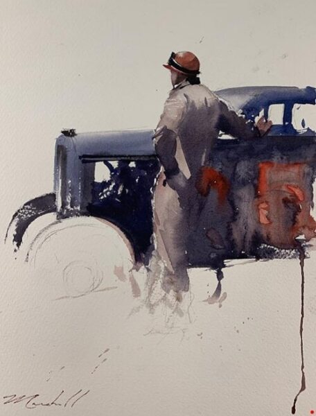 Endre penovác_レトロな車に手を乗せて片足立ちで遠くを見つめる男性の水彩画