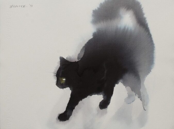 Endre penovác_黒い猫を横から見た水彩画